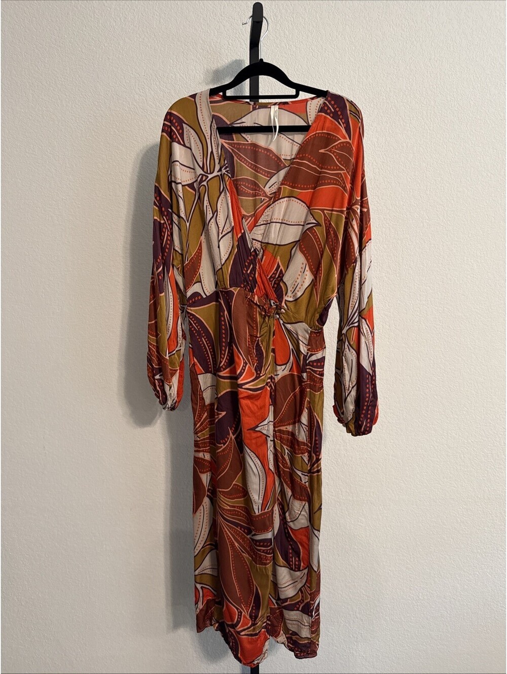 By Anthropologie Floral Printed Satin Long Sleeve Faux Wrap Midi Dress Size LRG